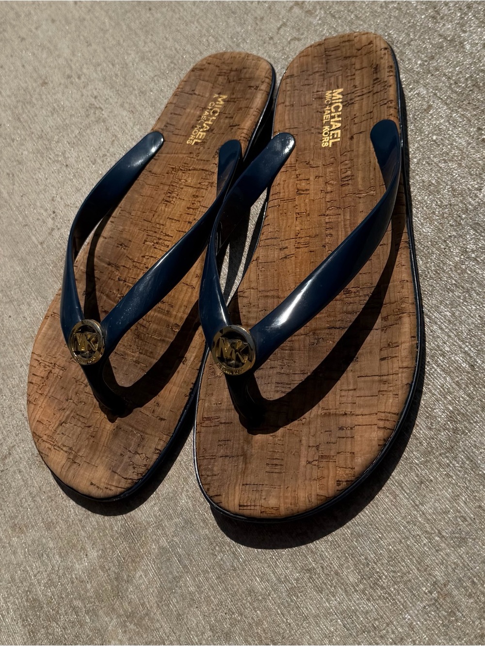 Michael Kors Navy and Cork Logo Flip Flops